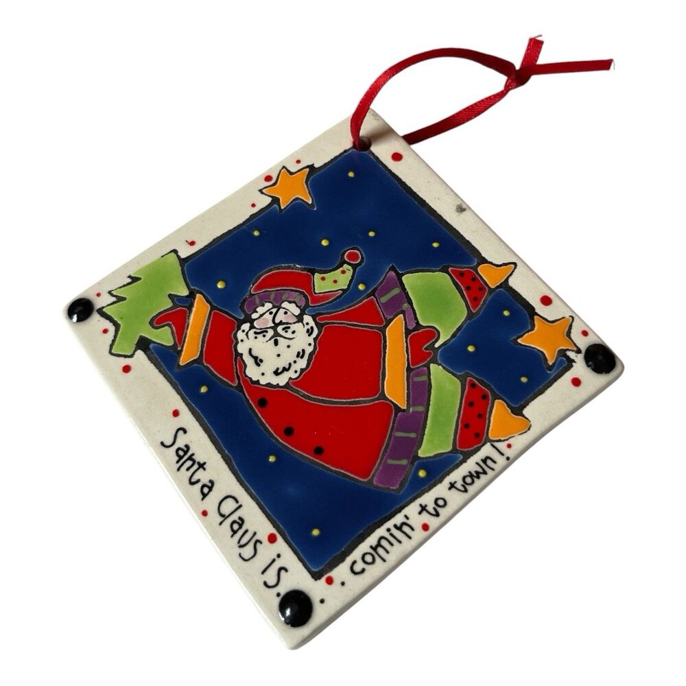 Happy Talk Tile Christmas Ornament Santa Star Tree Square Ceramic 3-1/4"